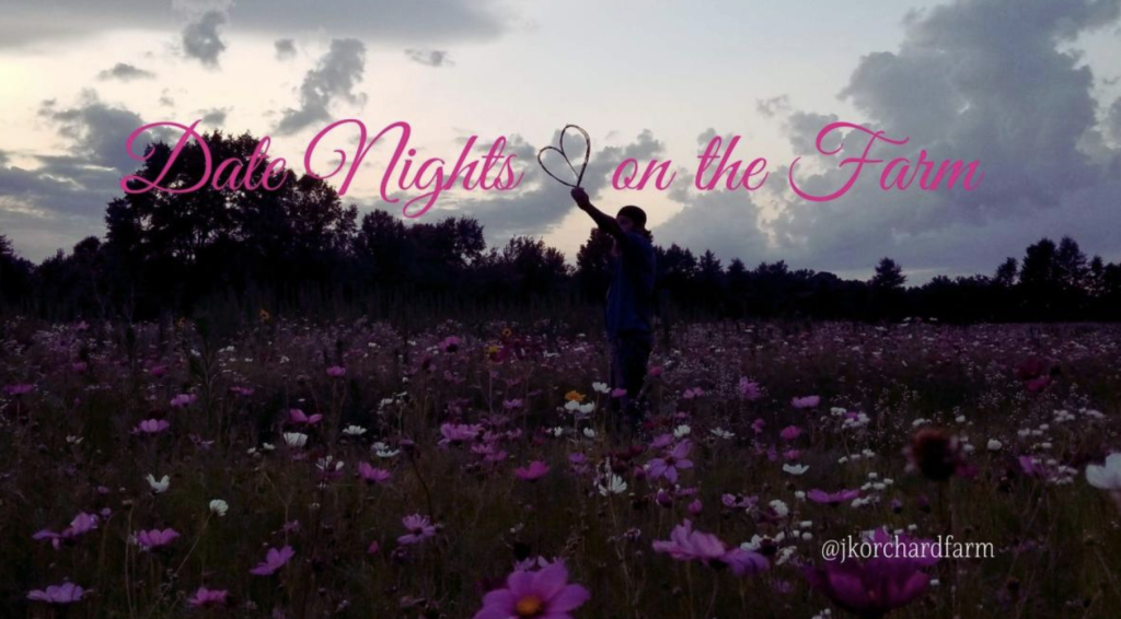 Photo of a flower field in the evening with blue clouds and pink text overlay that says Date Nights on the Farm